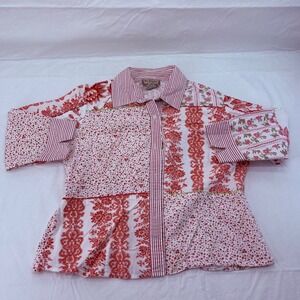 New Direction Petite Womens Red White Floral Patchwork Cotton Button Down Shirt